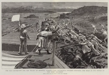 La expedición del Nilo para el alivio del General Gordon, el vapor de Lord Wolseley rodeando la curva en los rápidos de la Primera Catarata